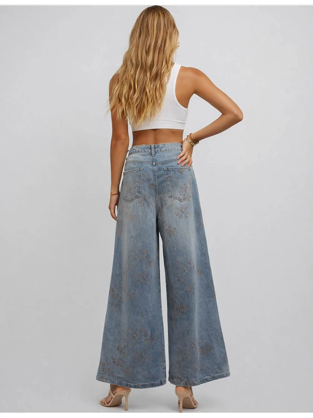 Jacquard Jeans Wide Leg Pockets Denim Pants