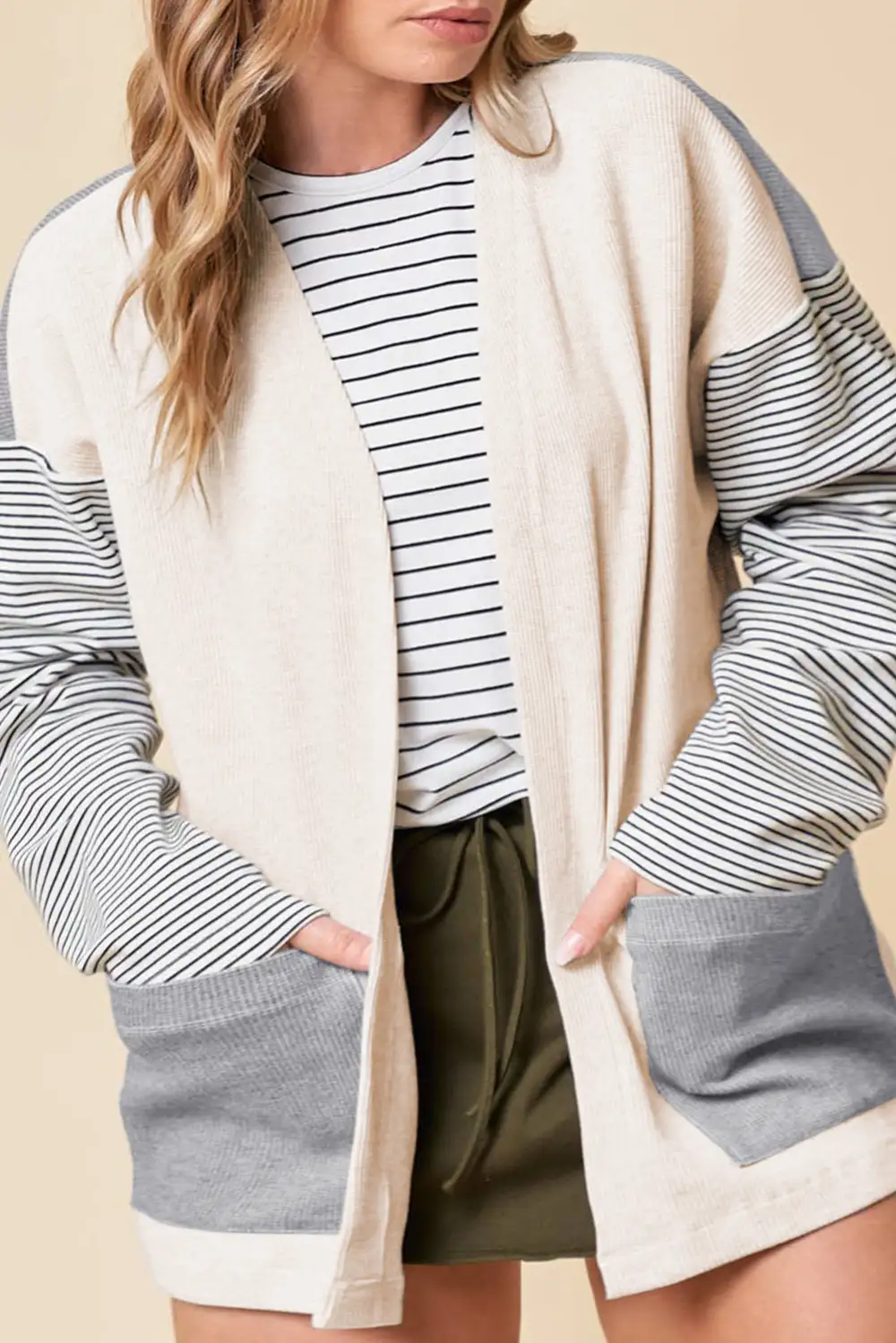 Color Block Patchwork Open Front Pocketed Cardigan