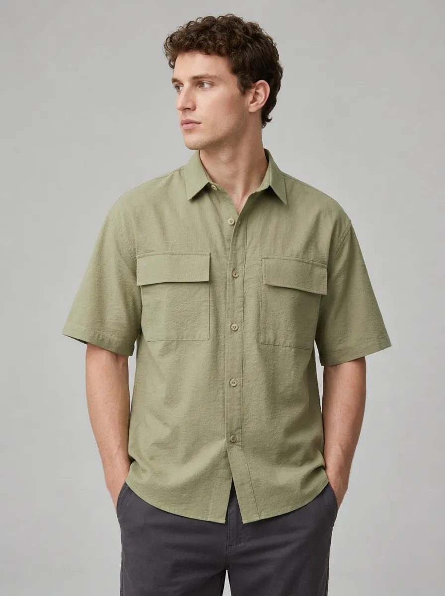 Men's Casual Olive Green Breathable Short Sleeve Utility Shirt