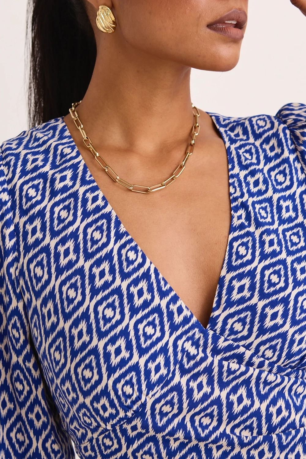 Blue Print Long - Sleeve Maxi Dress