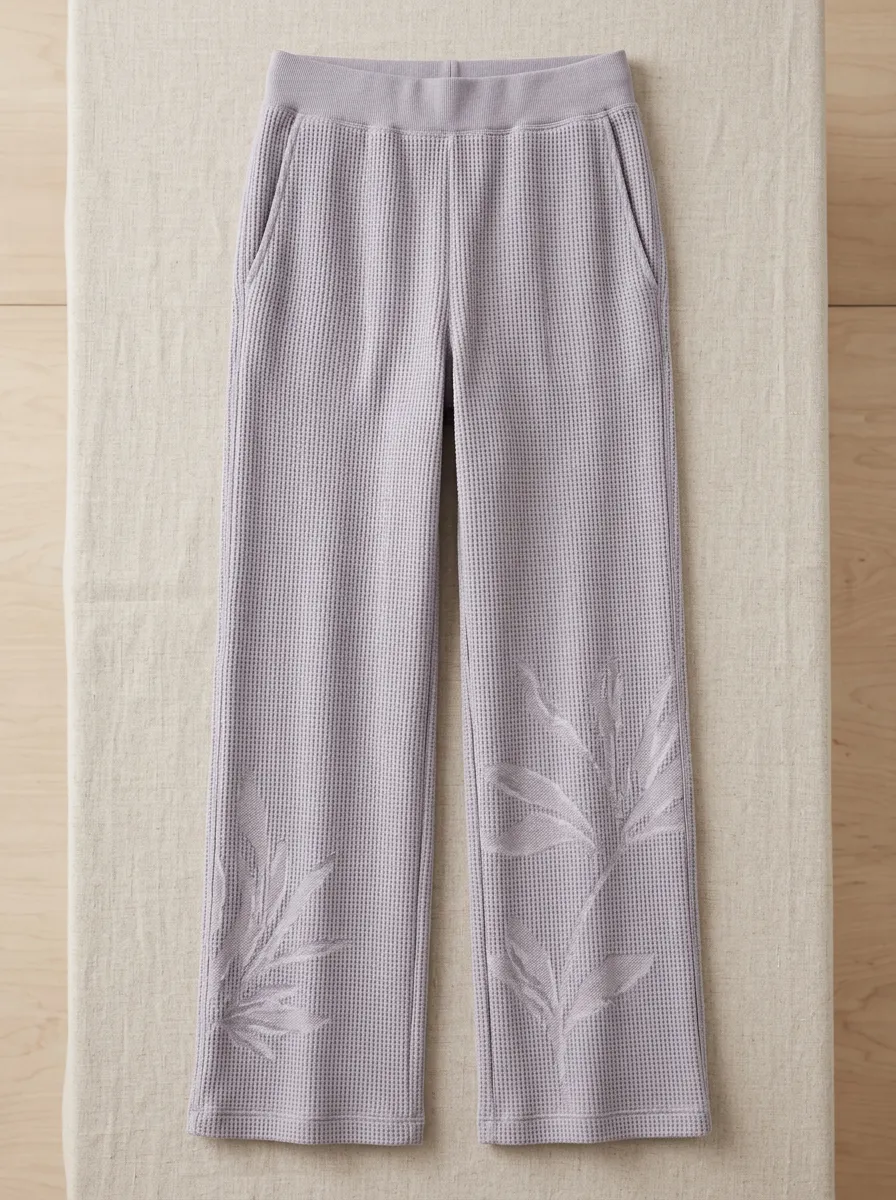 Women's Casual Lounge Botanical Leaf Printed Waffle Knit Pants