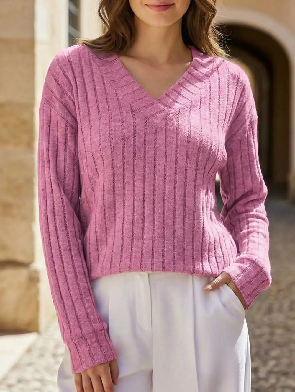 V-Neck Knit Long Sleeve Top