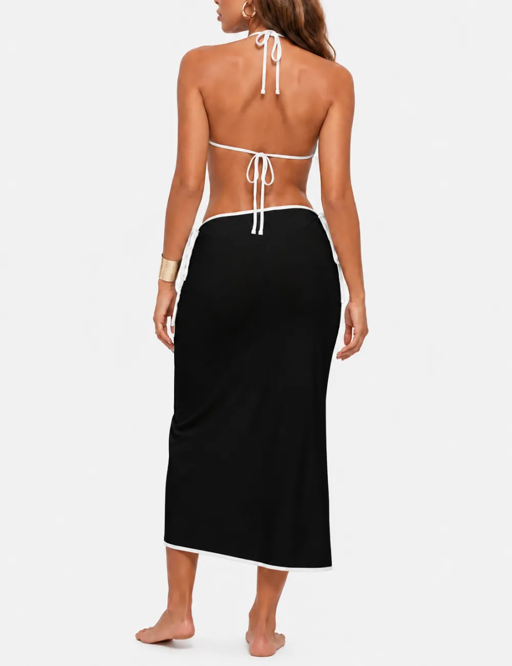 Color Block Halter Triangle Bikini Set with Midi Skirt