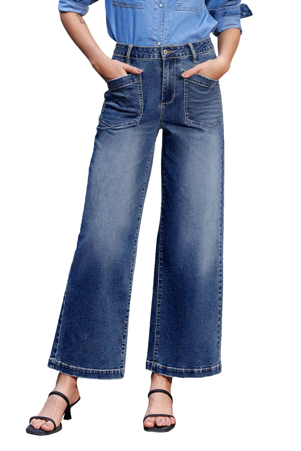 High Waist Patch Pocket Casual Jeans