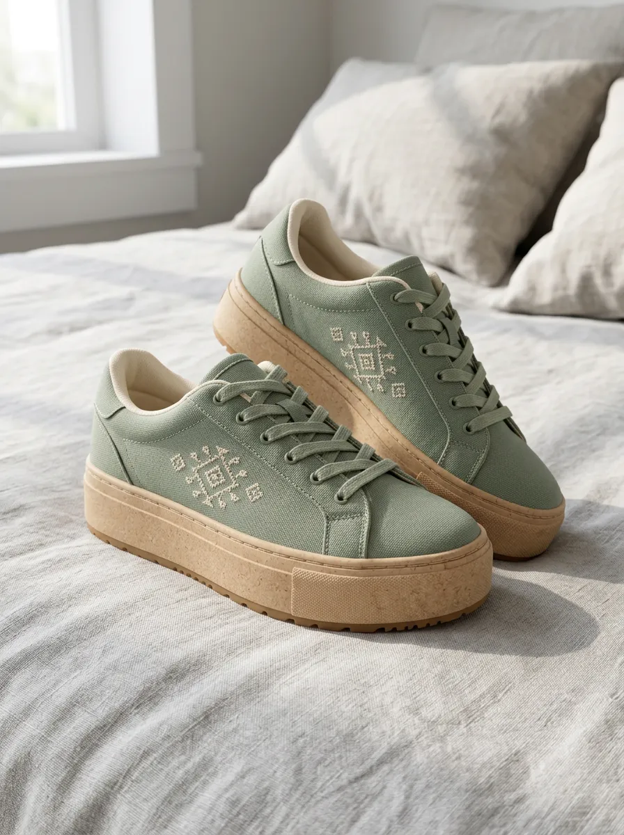 Women's Sage Green Geometric Pattern Printed Platform Sneakers