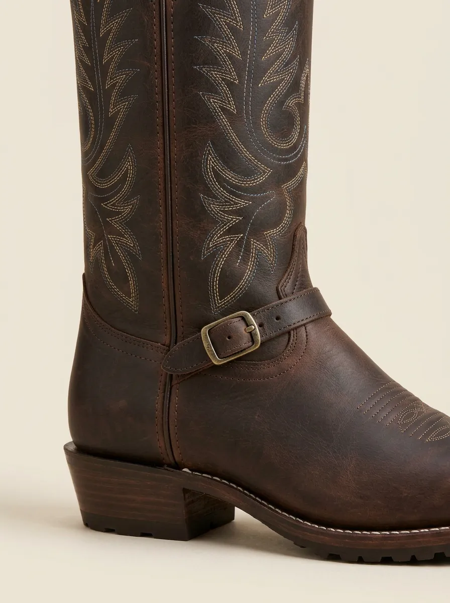 Men's Western Cowboy Brown Leather Embroidered Buckle Printed Boots