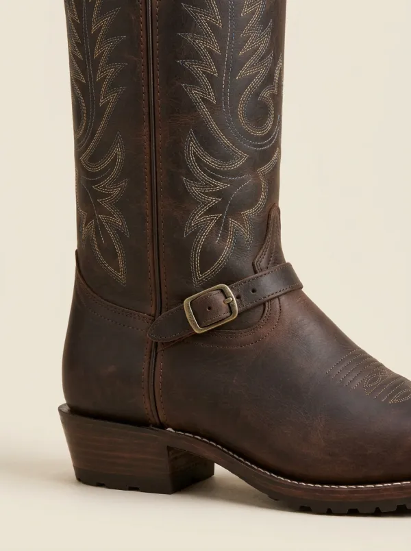 Men's Western Cowboy Brown Leather Embroidered Buckle Printed Boots