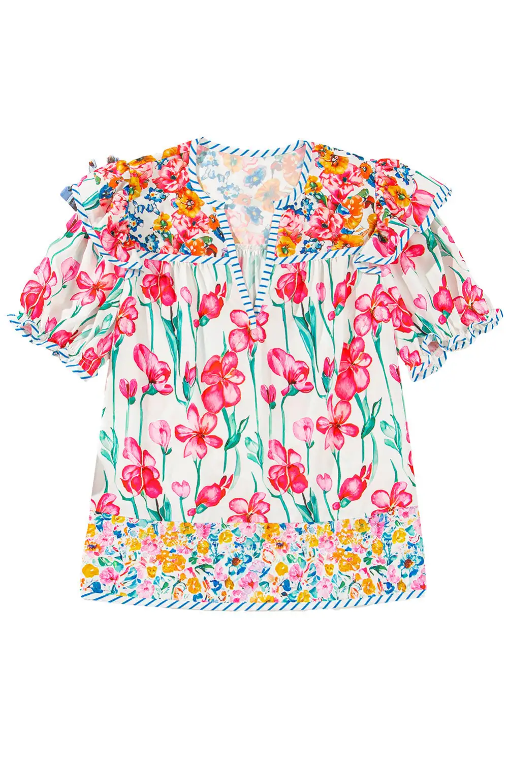Softly Styled Striped Floral Short Sleeve Blouse
