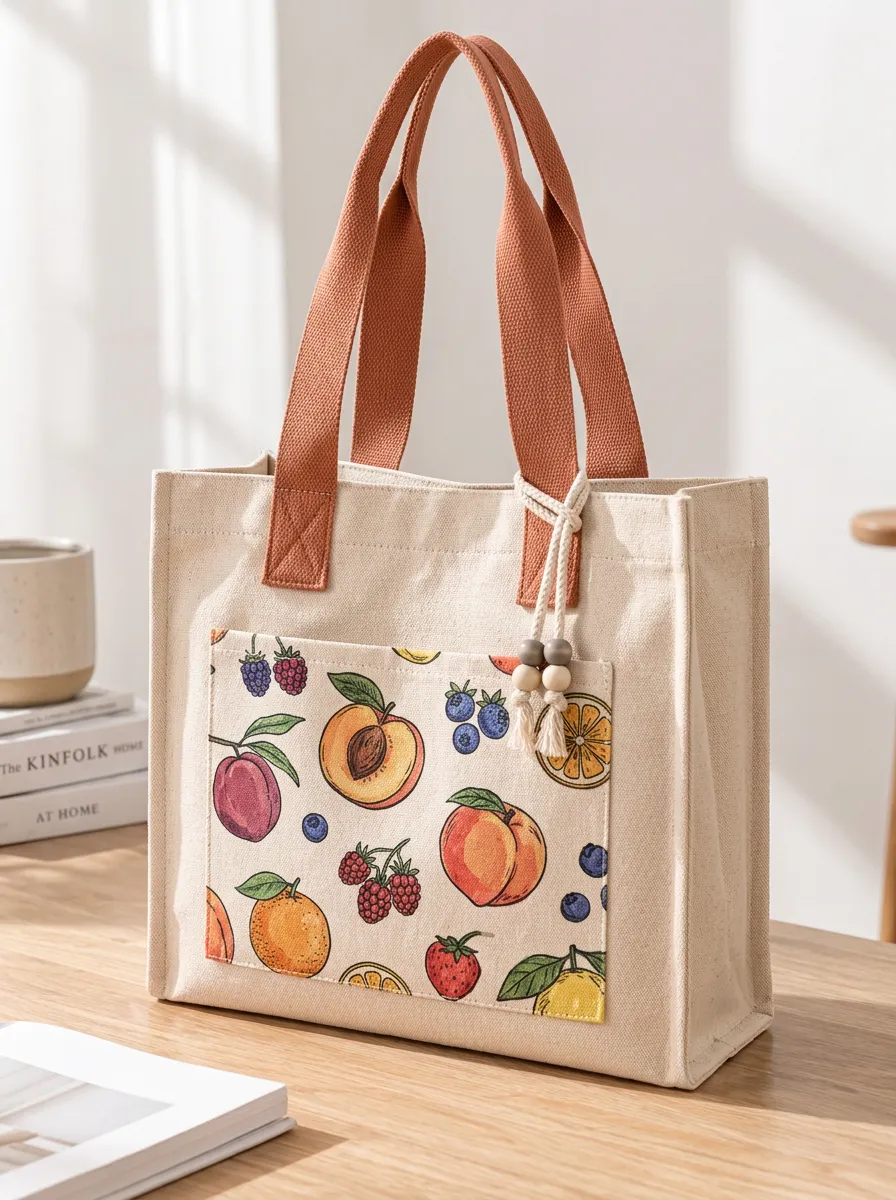 Women's Berry Peach Fruit Printed Canvas Shoulder Tote Bag