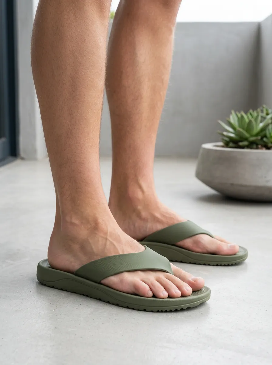 Men's Casual Summer Olive Green Geometric Pattern Printed Flip Flops