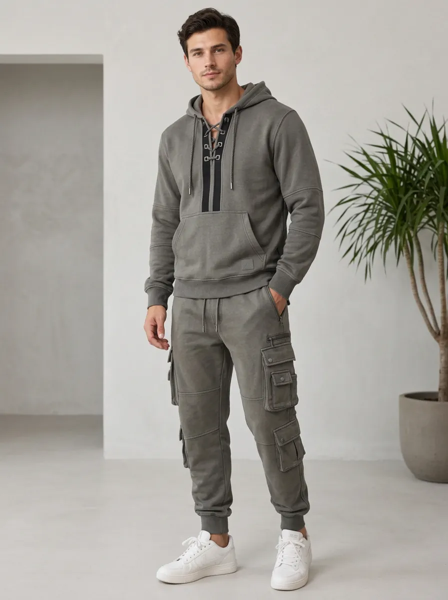 Functional Lace-Up Multi Pocket Silhouette Men's Lace Up Hoodie And Cargo Jogger Set