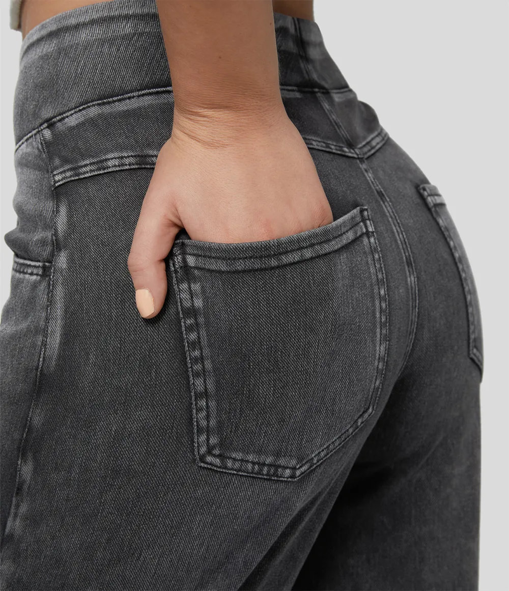 Magic High Waisted Multiple Pockets Wide Leg Loose Stretchy Knit Work Jeans