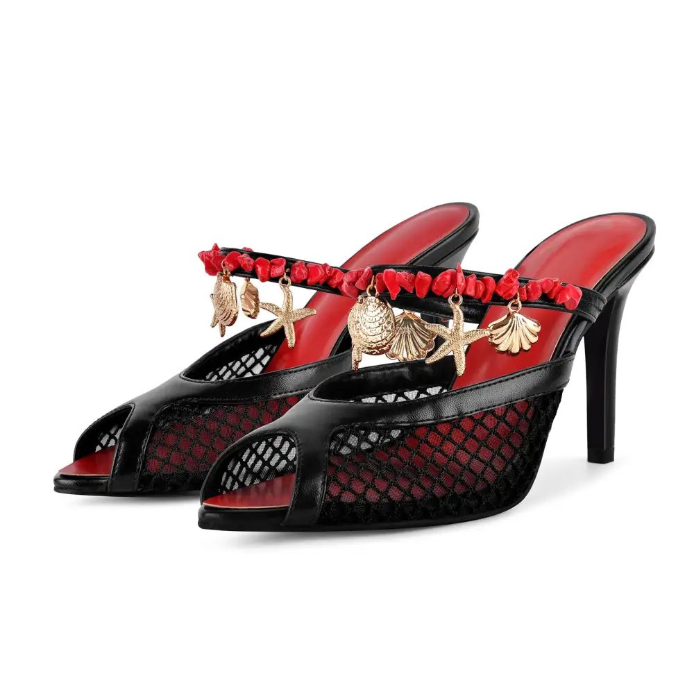Peep Toe Mesh Ocean Pendant Mule Sandals