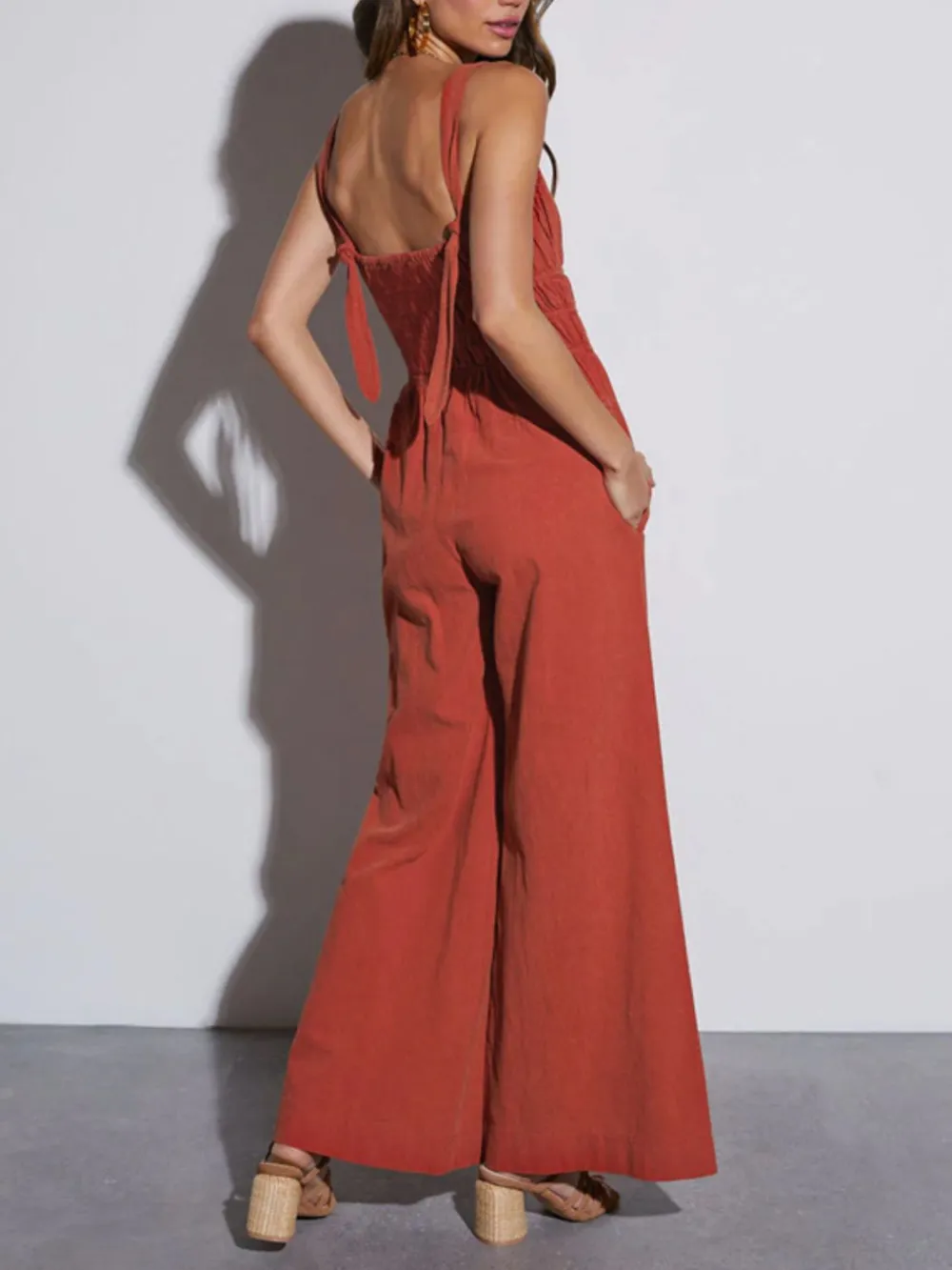 Ruched Wide Strap Jumpsuit With Pockets