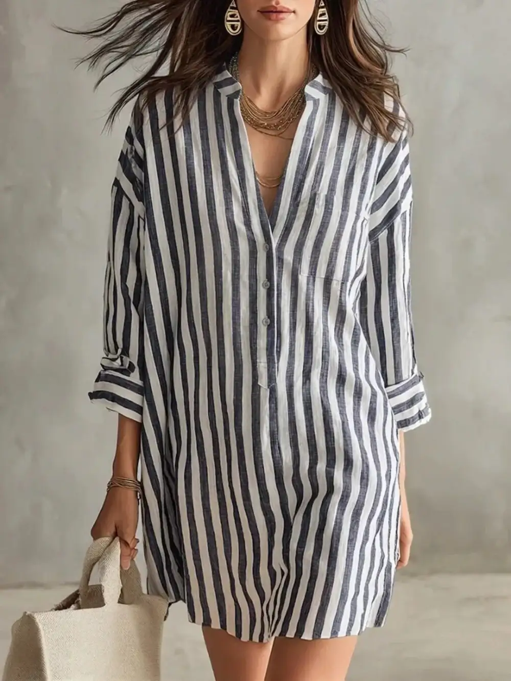Striped Three-Quarter Sleeve Shirt Dress