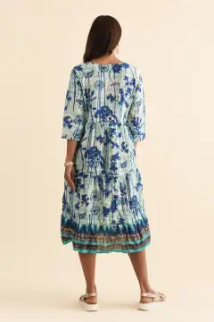 Round-Neck Floral Knee-Length Tiered Cotton Three-Quarter-Sleeve A-Line Dress