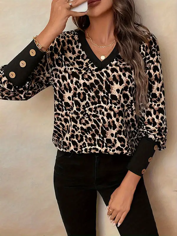 Long Sleeve Relaxed Button Detail Leopard V-Neck T-Shirt