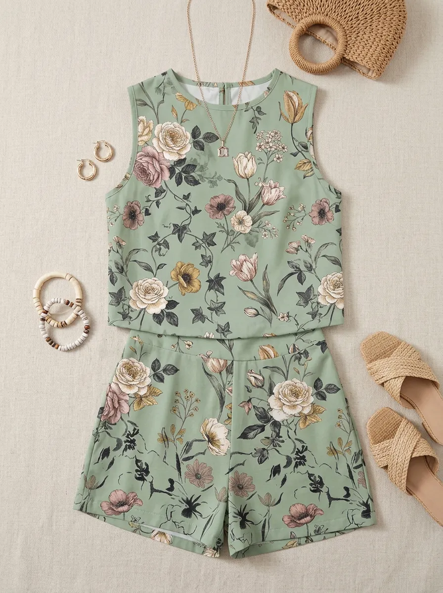 Women's Vintage Floral Sage Green Printed Sleeveless Set