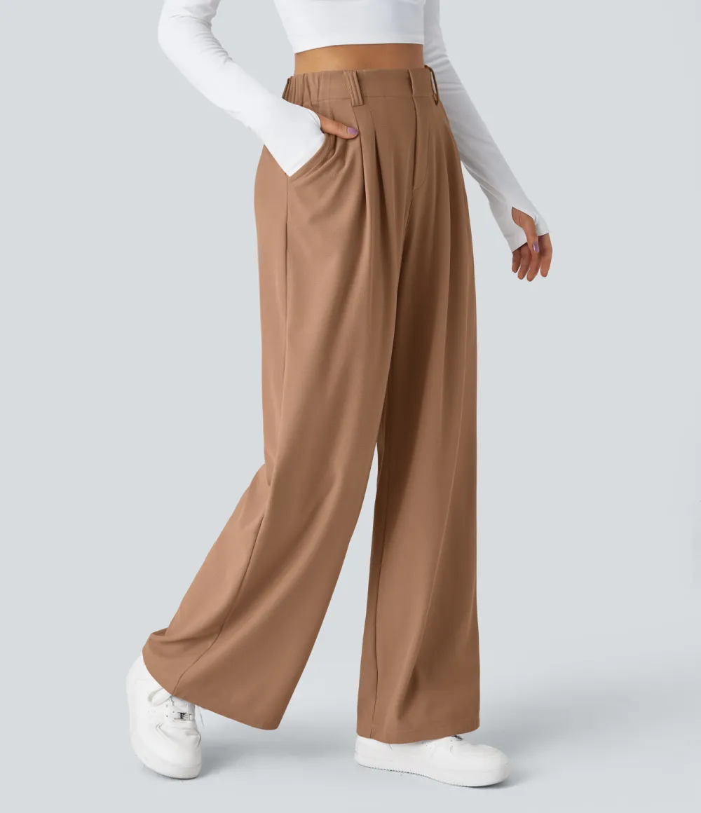 2026🔥  High Waisted Plicated Side Pocket Wide Leg Waffle Work Pants