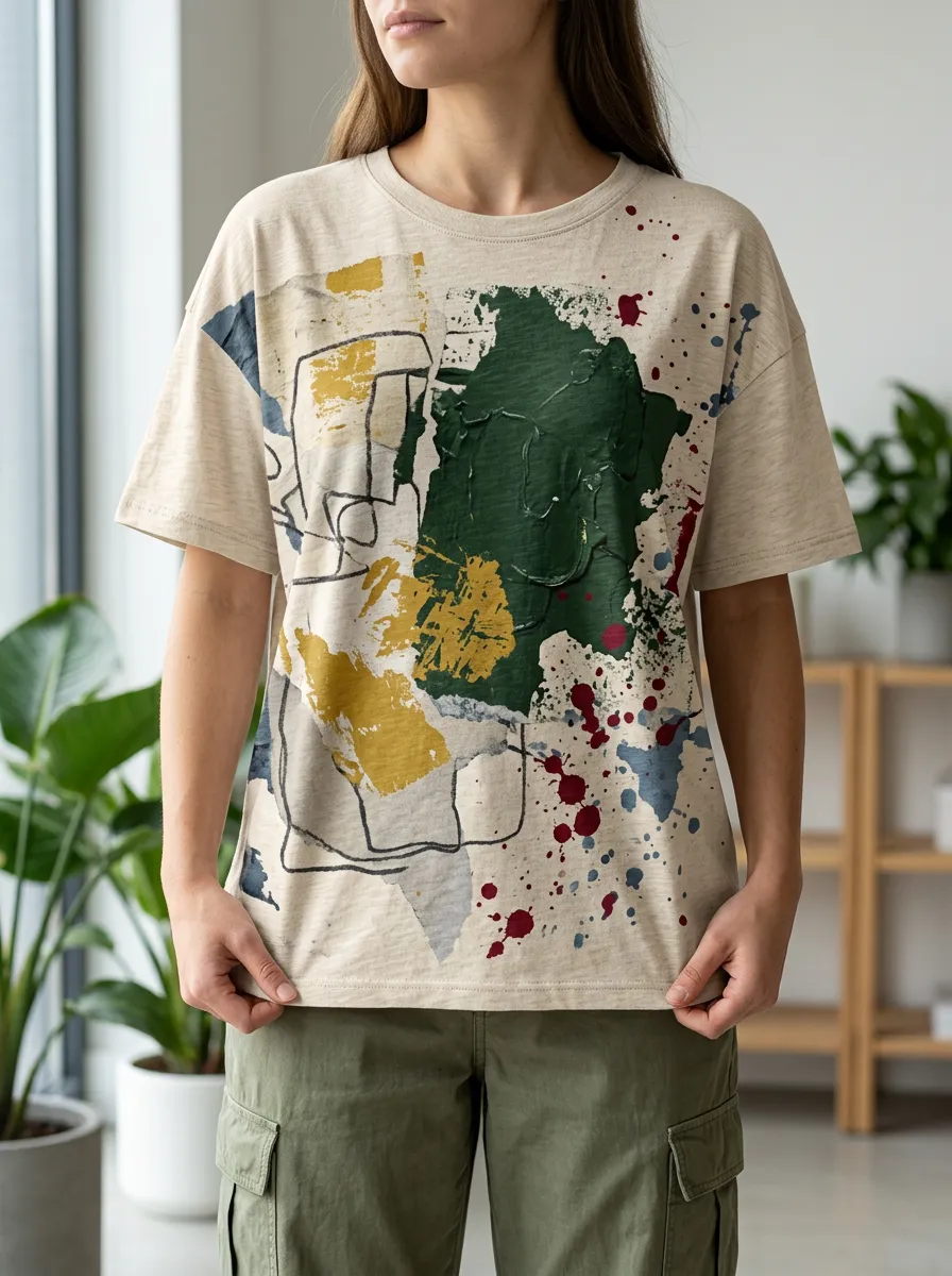Women's Layered Abstract Art Paint Splatter Crew Neck T-Shirt