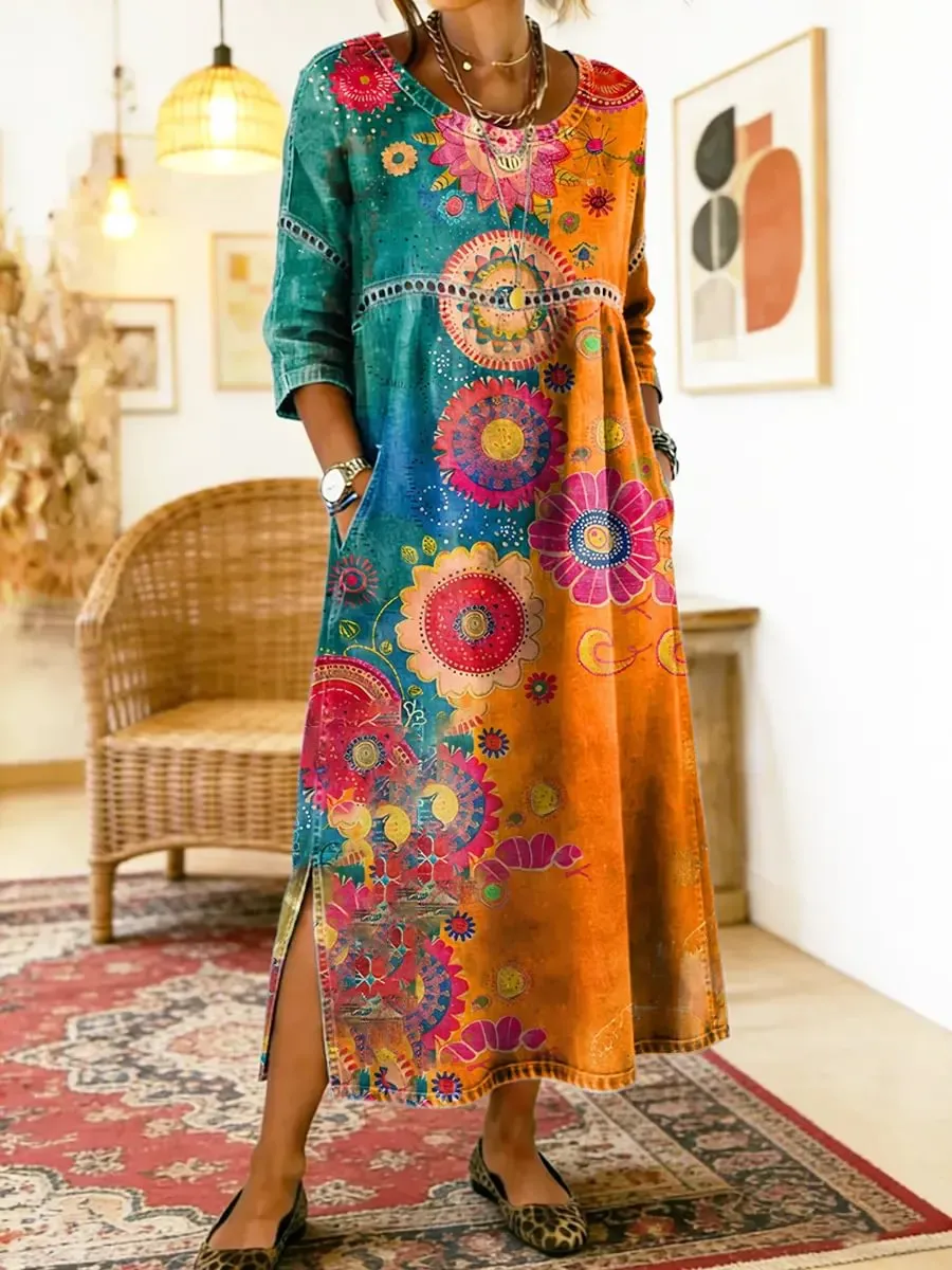 Women's Vintage Ethnic Floral Print Artistic Print Round-neck Cutout Split Dress