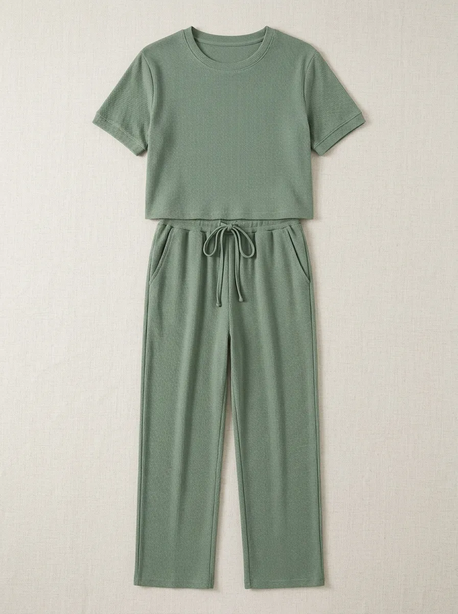Ribbed Knit Drawstring Casual Lounge Set