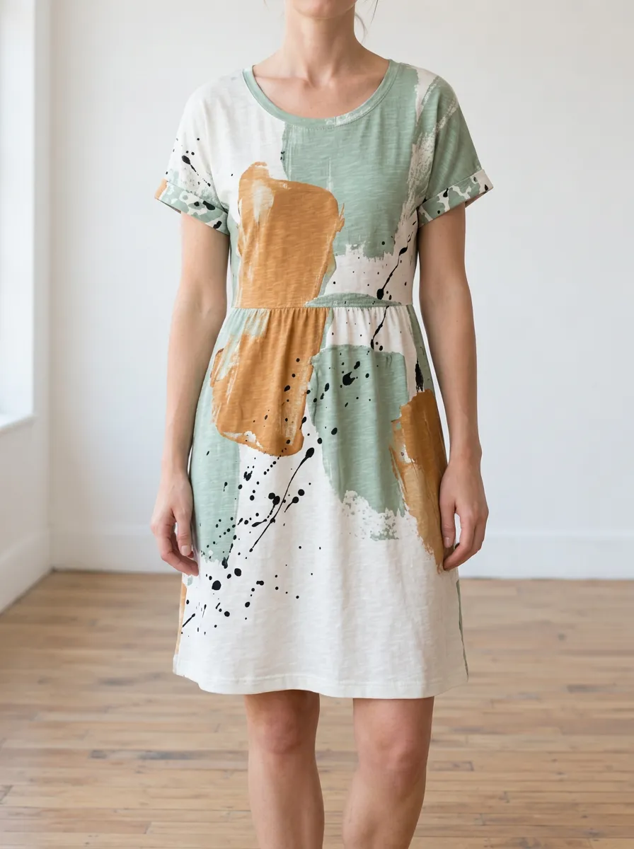 Women's Abstract Art Sage Green Mustard Paint Splatter Printed Dress