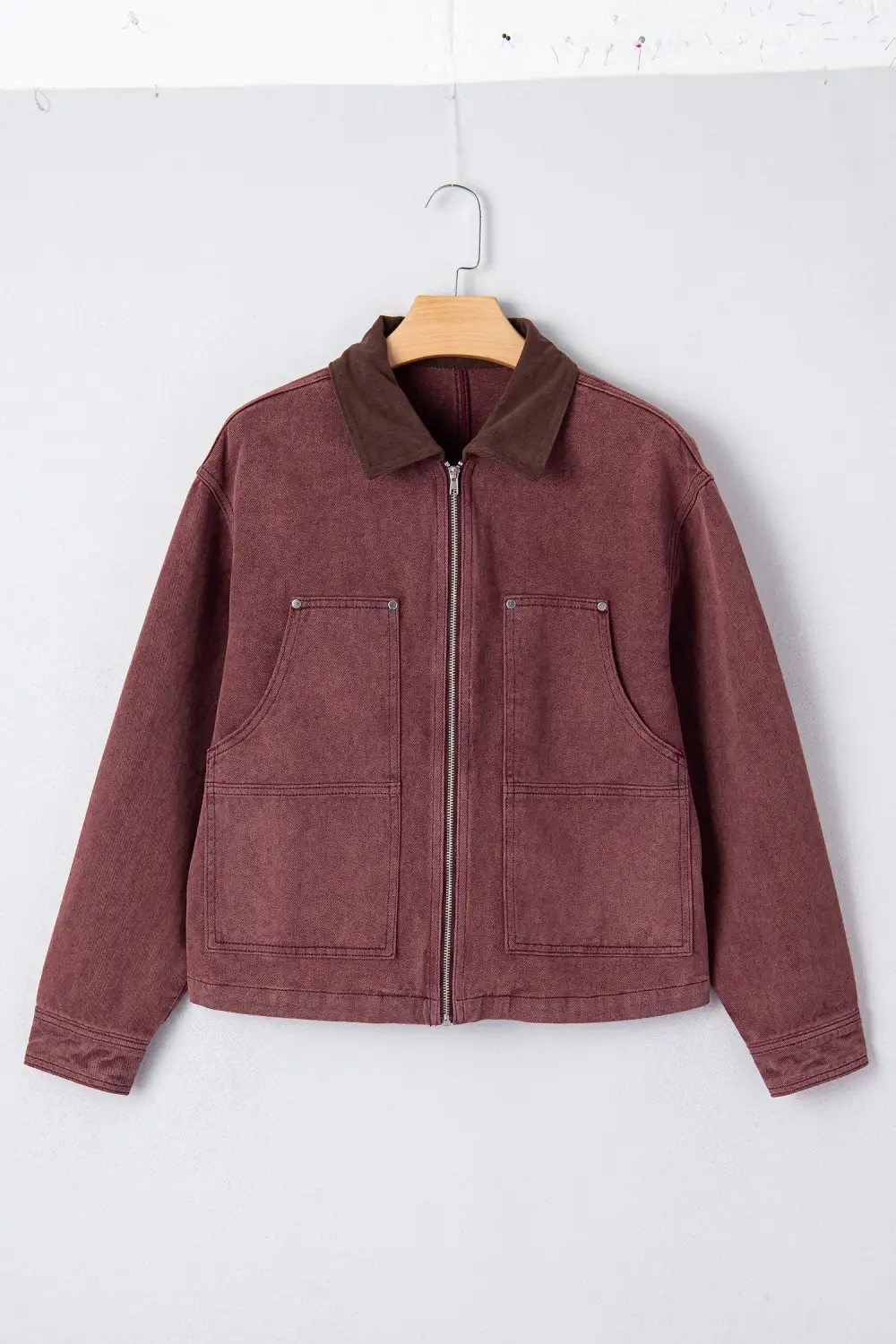 Women's Corduroy Collar Zipped Front Denim Jacket