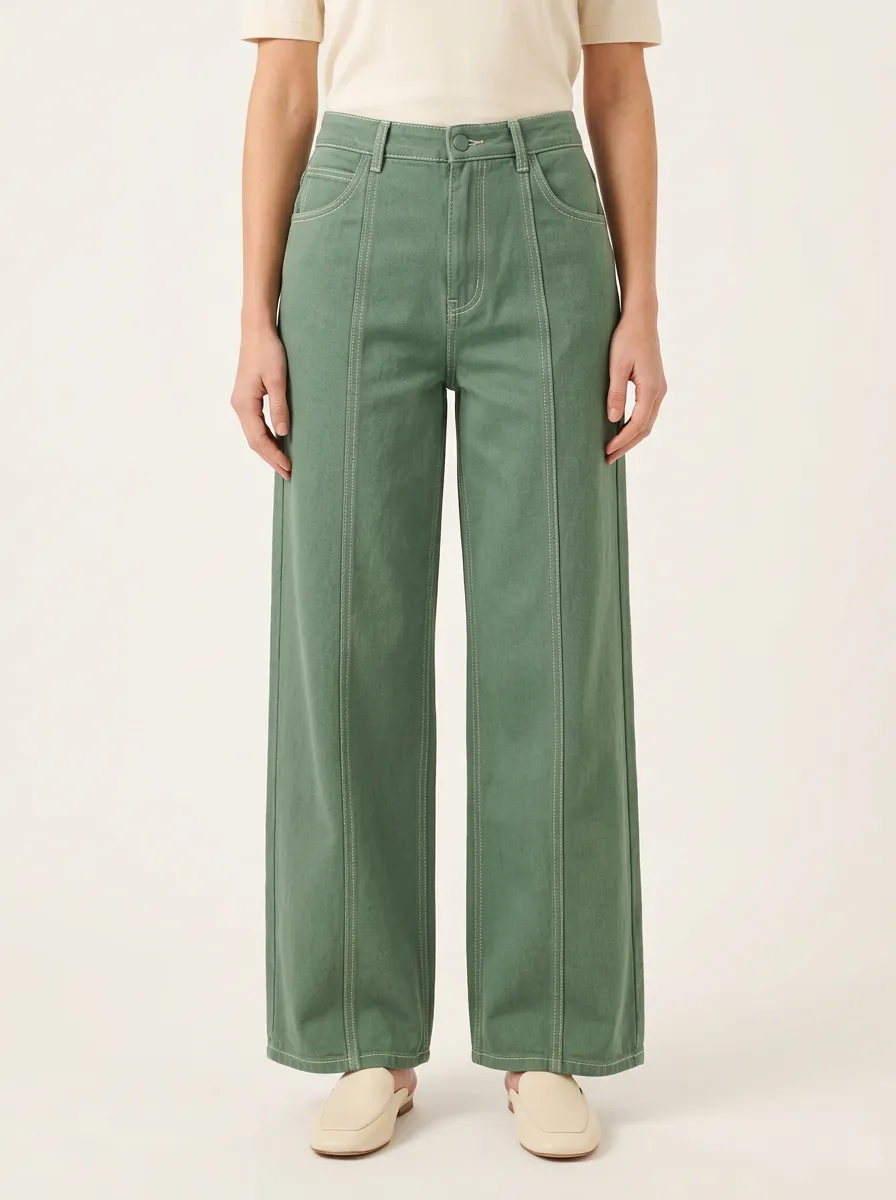 Women's Contrast-Pocket Contrast-Stitch Wide-Leg Pants