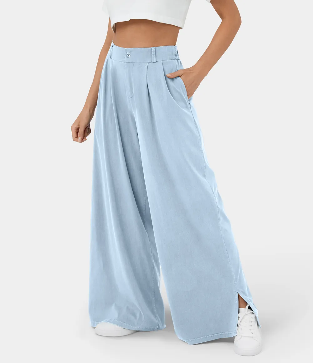 High Waisted Button Zipper Plicated Side Pocket Split Hem Wide Leg Casual Pants