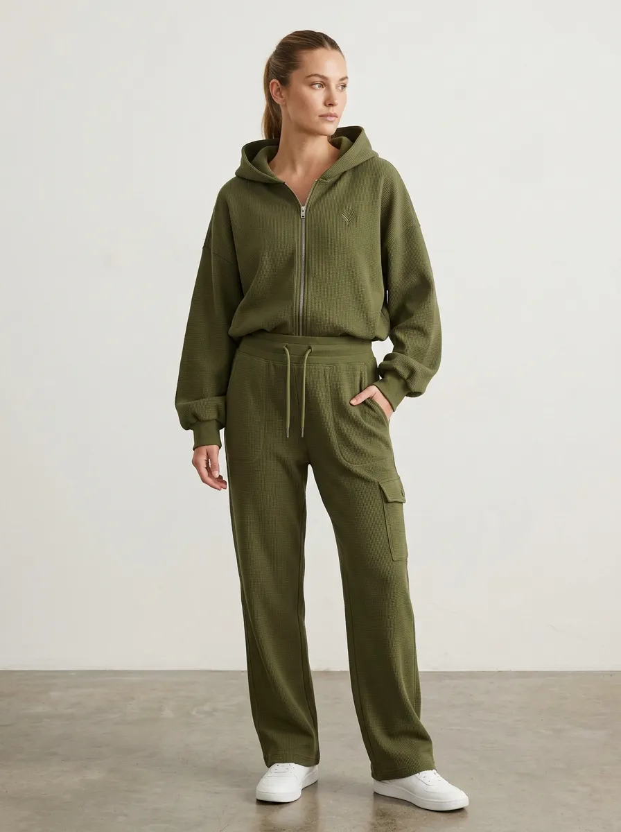 Women's Olive Green Waffle Knit Zip-Up Hoodie Cargo Jogger Set
