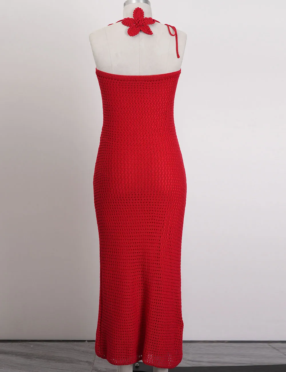 Crochet Applique Halter Bodycon Midi Dress
