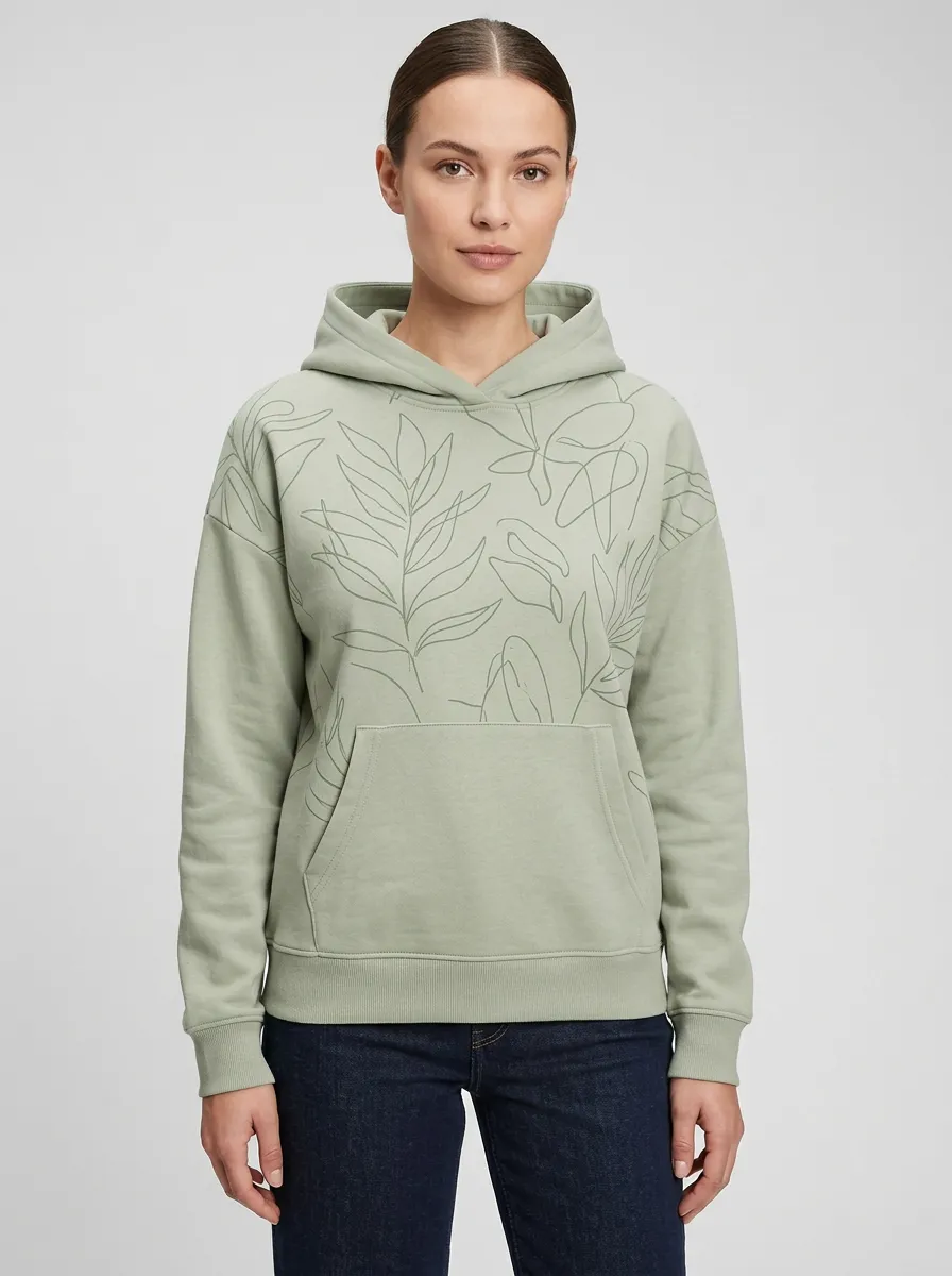 Women's Relaxed Botanical Line Art Minimal Graphic Hoodie