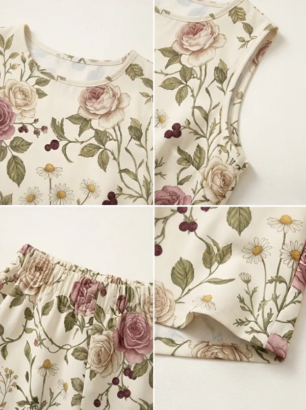 Women's Floral Garden Rose Daisy Printed Sleeveless Set