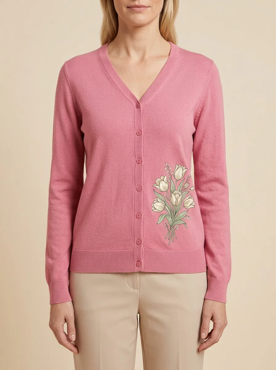 Women's V-Neck Graphic Floral Rib-Trim Cardigan