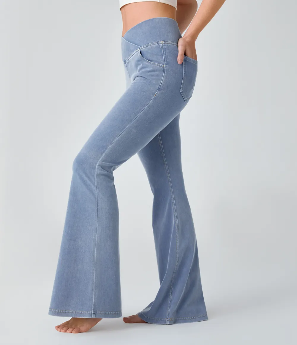 Magic High Waisted Crossover Pocket Cool Touch Washed Stretchy Knit Casual Super Flare Jeans