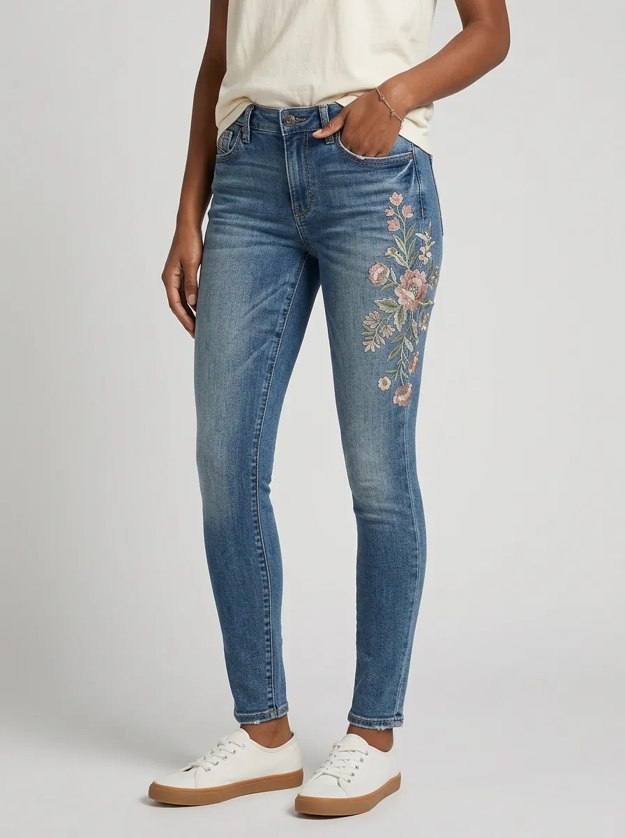 Women's Floral Pink Flower Embroidered Printed Slim Jeans