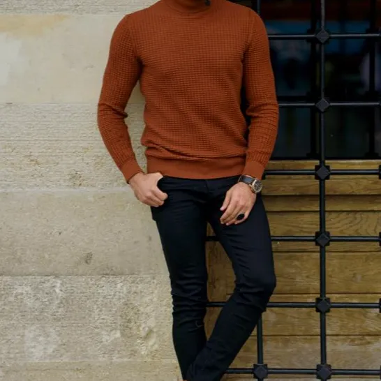 Slim Fit Textured Cotton Turtleneck Sweater