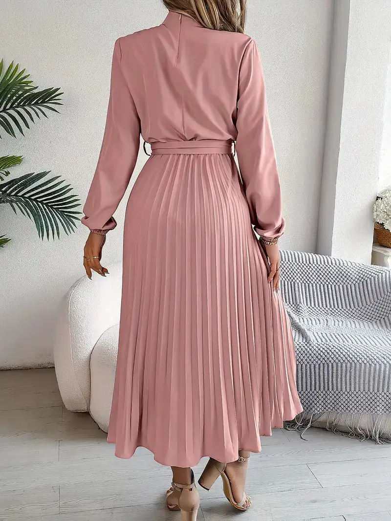  Long Sleeve Pleated Midi Dress
