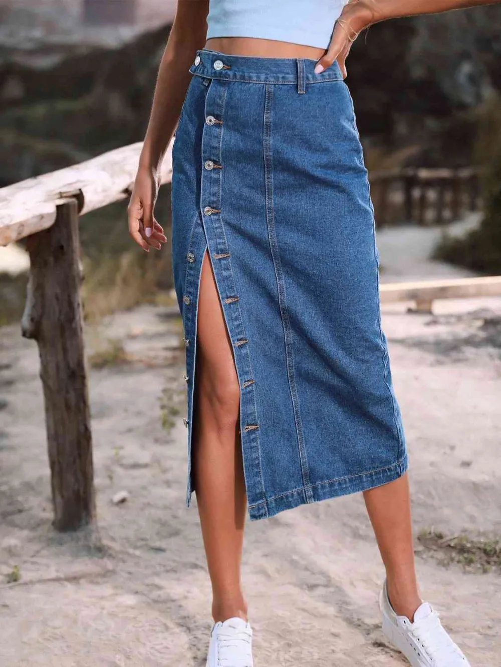 Playful Denim Button Front Skirt