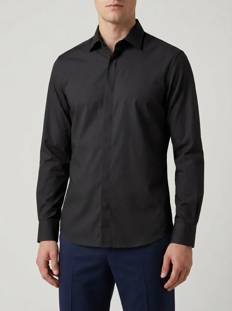 Men's Non-Iron Cotton Compass Logo Embroidered Long Sleeve Shirt