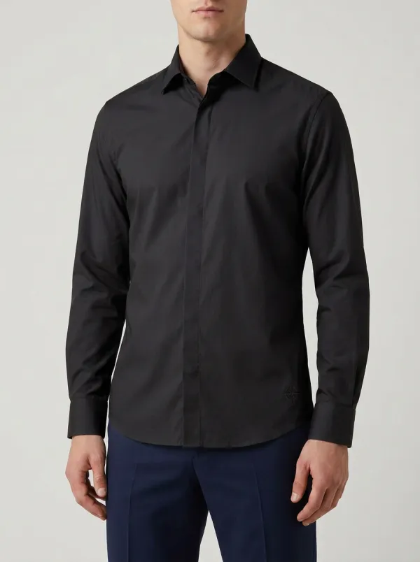 Men's Non-Iron Cotton Compass Logo Embroidered Long Sleeve Shirt