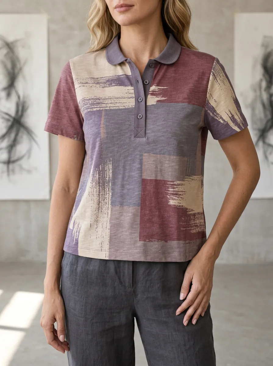 Women's Classic Abstract Brushstroke Colorblock Polo Shirt