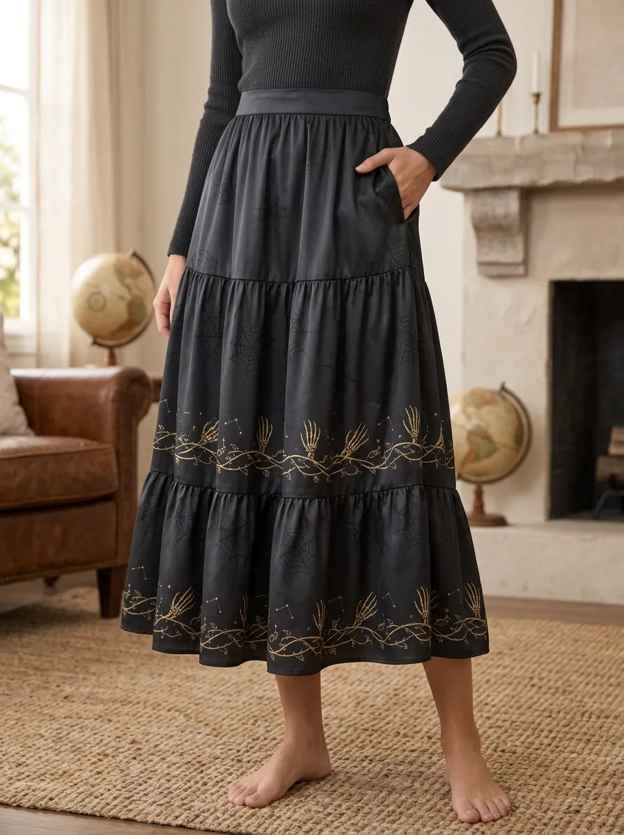 Women's Halloween Skeleton Hand Spiderweb Printed Midi Skirt