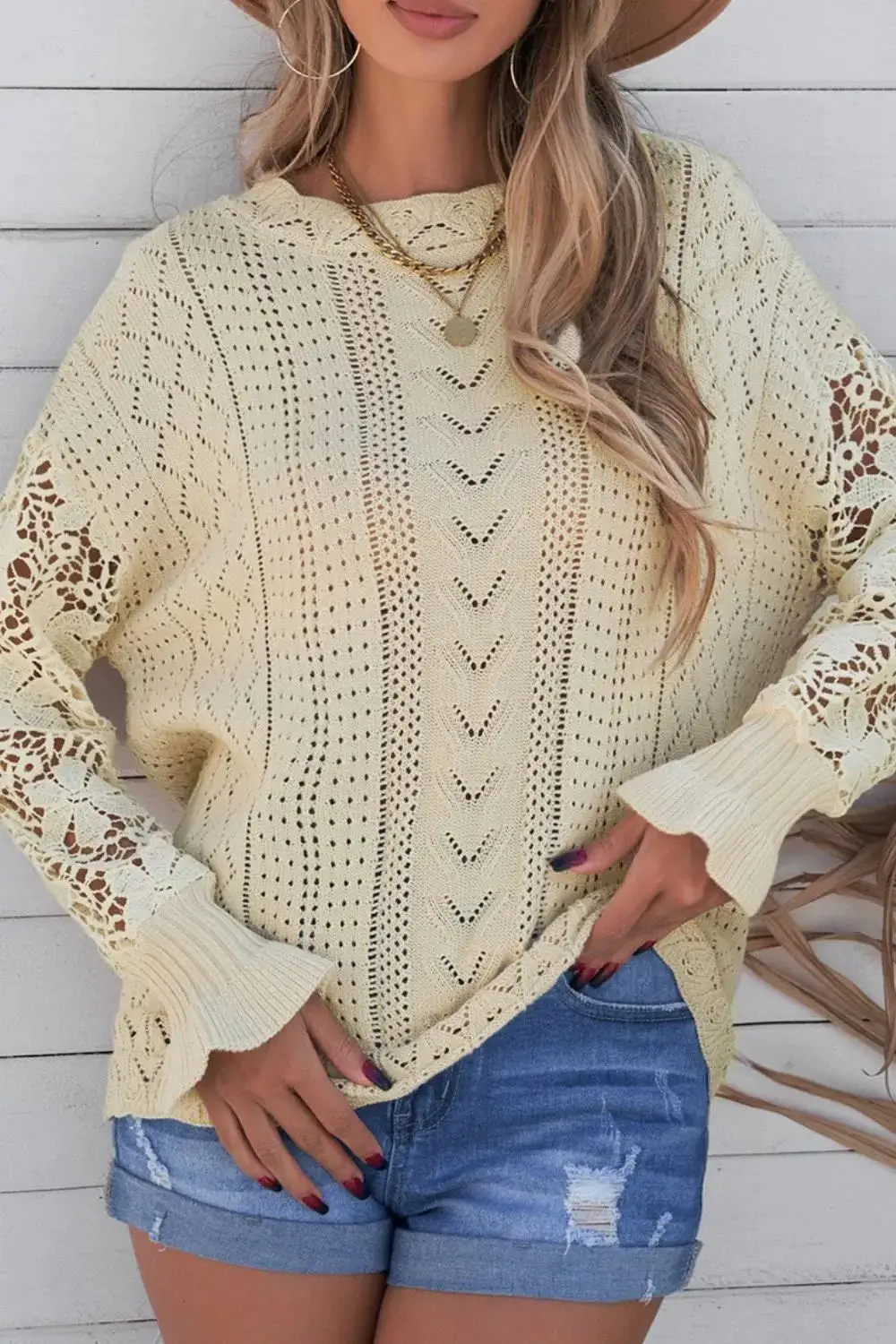 Long Sleeve Round Neck Openwork Sweater