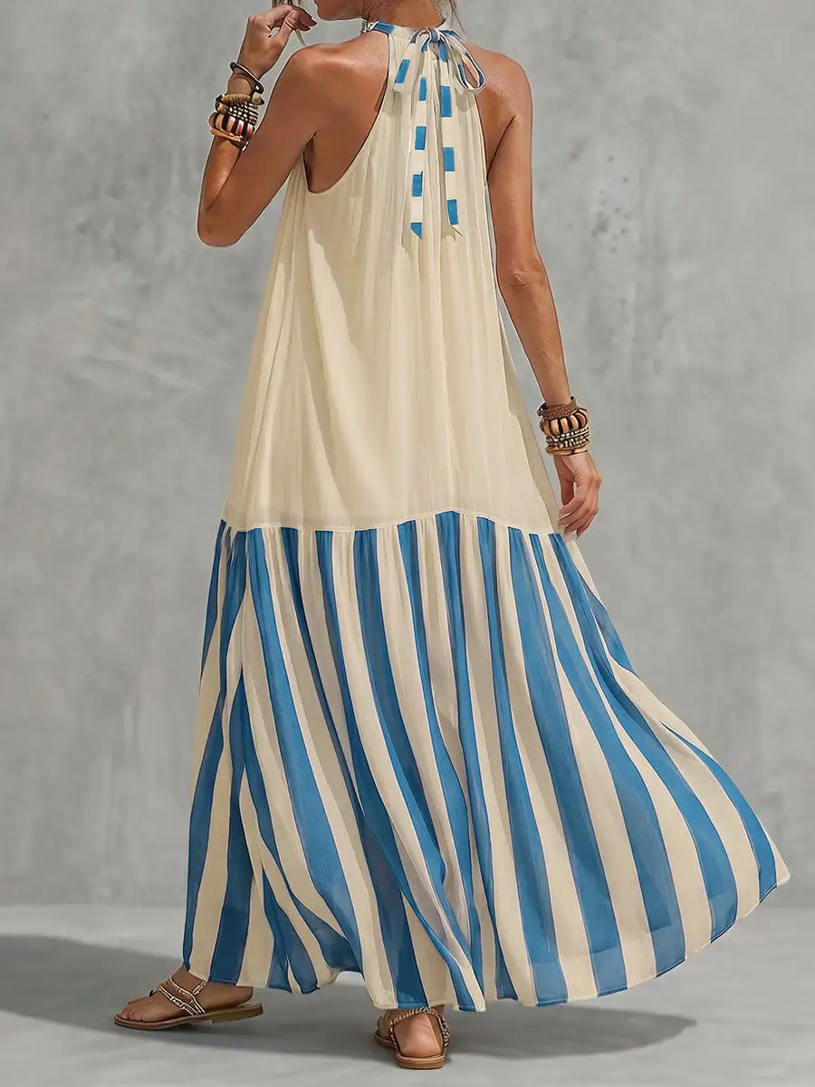 Striped Pleated Neck Maxi Dress