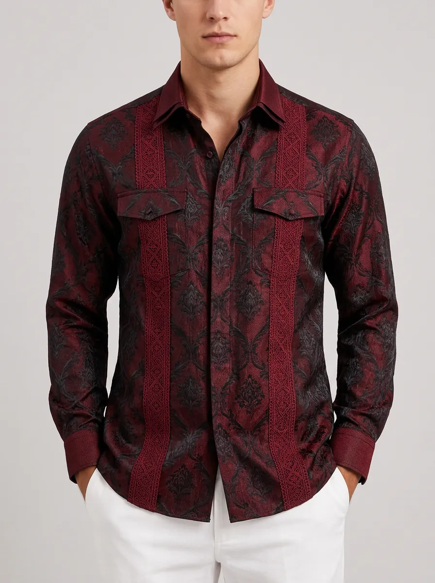 Men's Burgundy Damask Pattern Embroidered Guayabera Printed Shirt