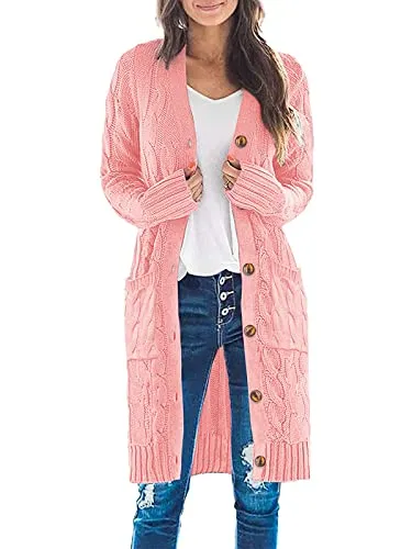 Womens Long Sleeve Cable Knit Long Cardigan Open Front Button Sweater Outerwear