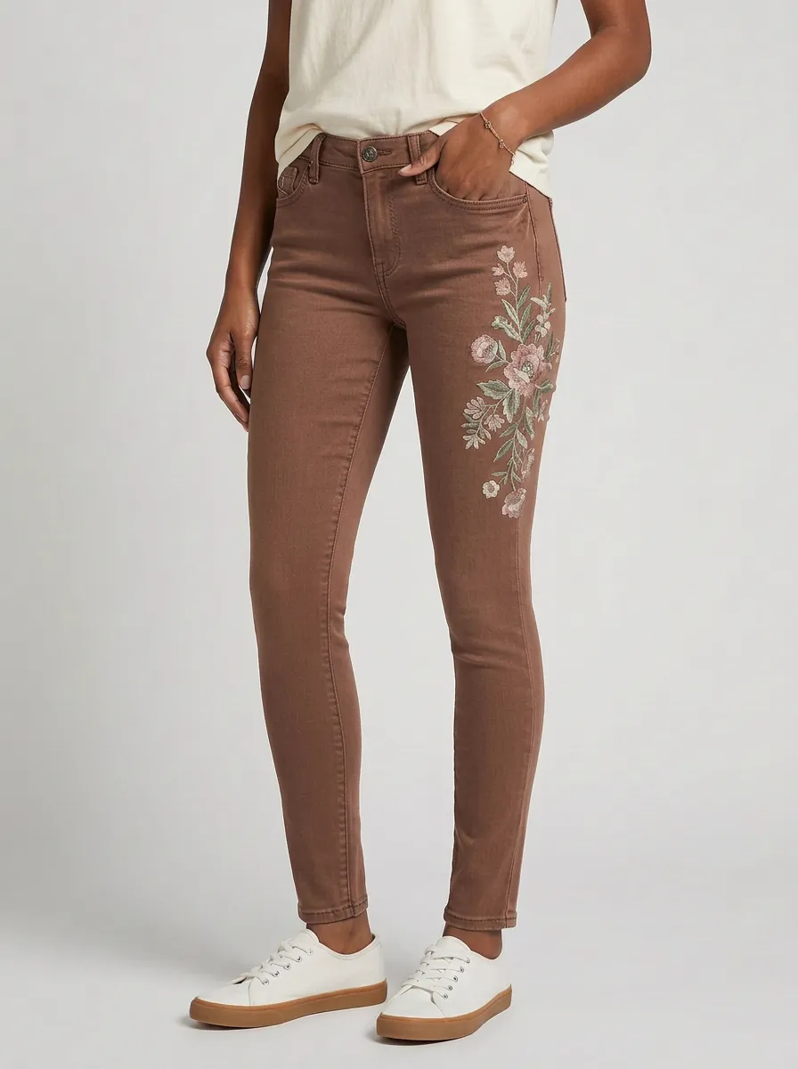 Women's Floral Pink Flower Embroidered Printed Slim Jeans