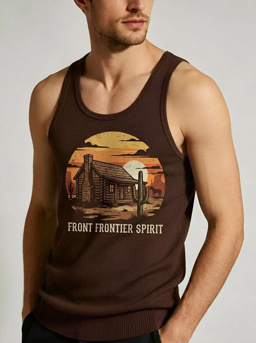 Men's Western Frontier Spirit Cabin Cactus Printed Tank Top